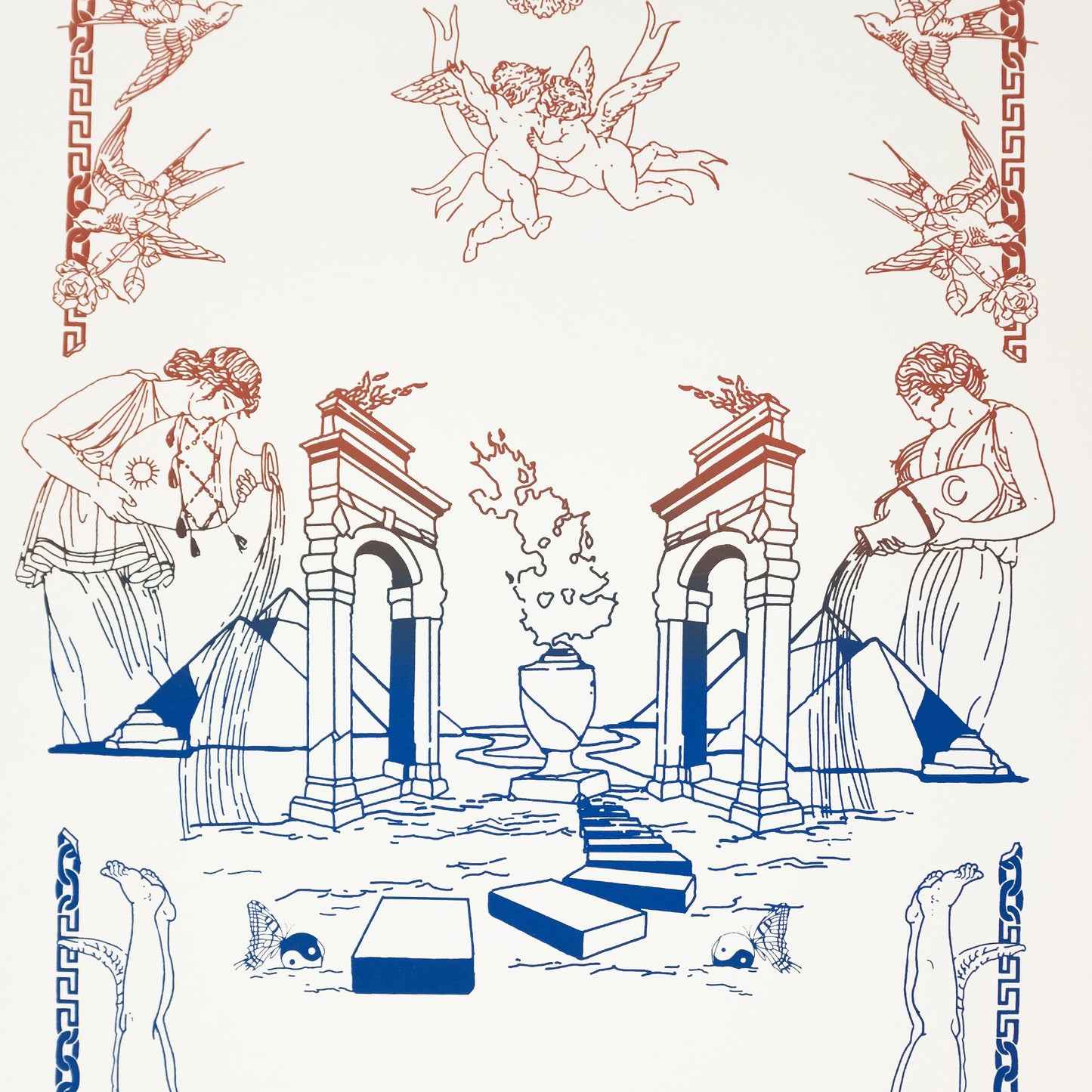 Limited edition screen print featuring women, pyramids, water, angels, and symbols in brown and blue gradient detail of water and fire