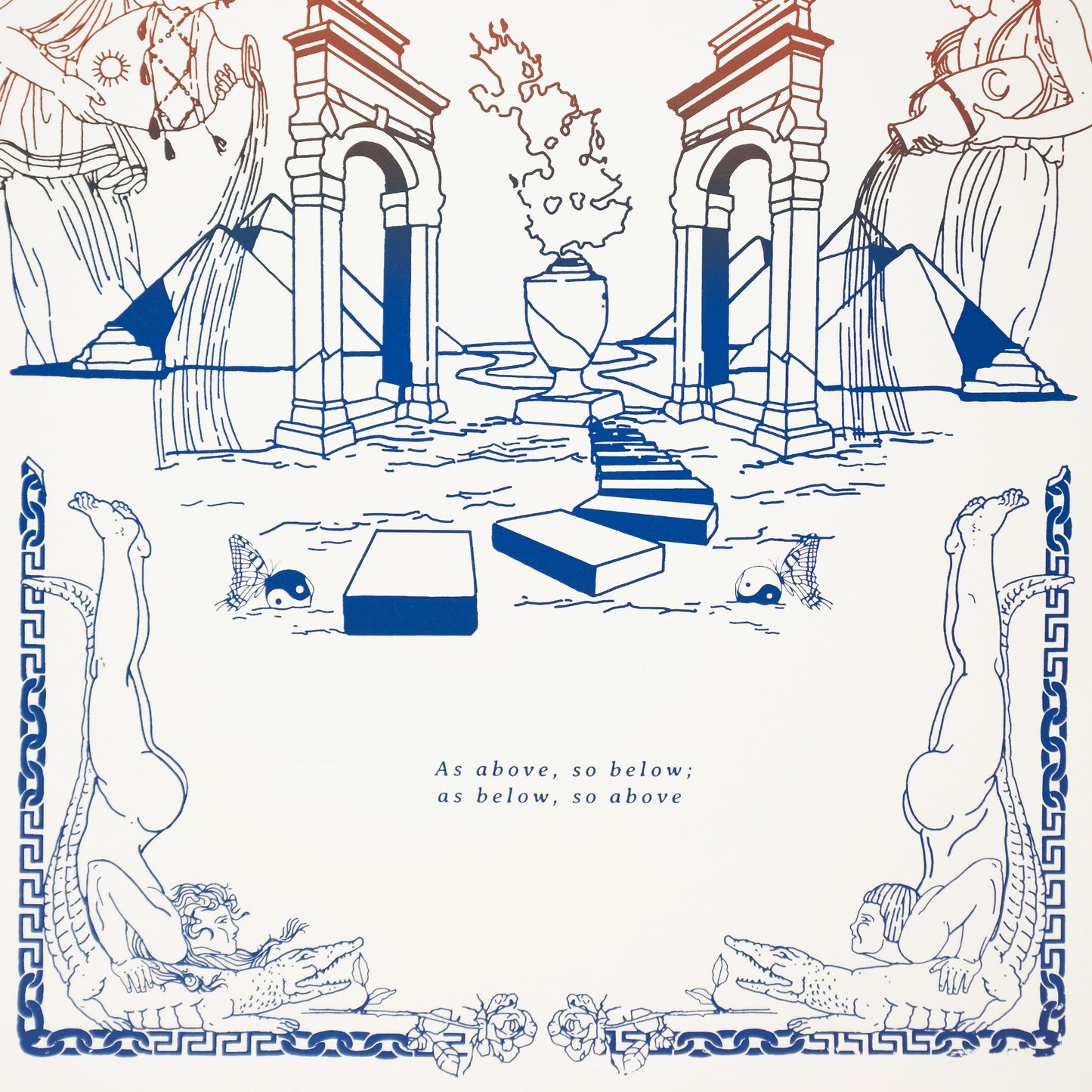 Limited edition screen print featuring women, pyramids, water, angels, and symbols in brown and blue gradient detail of text and sing yang
