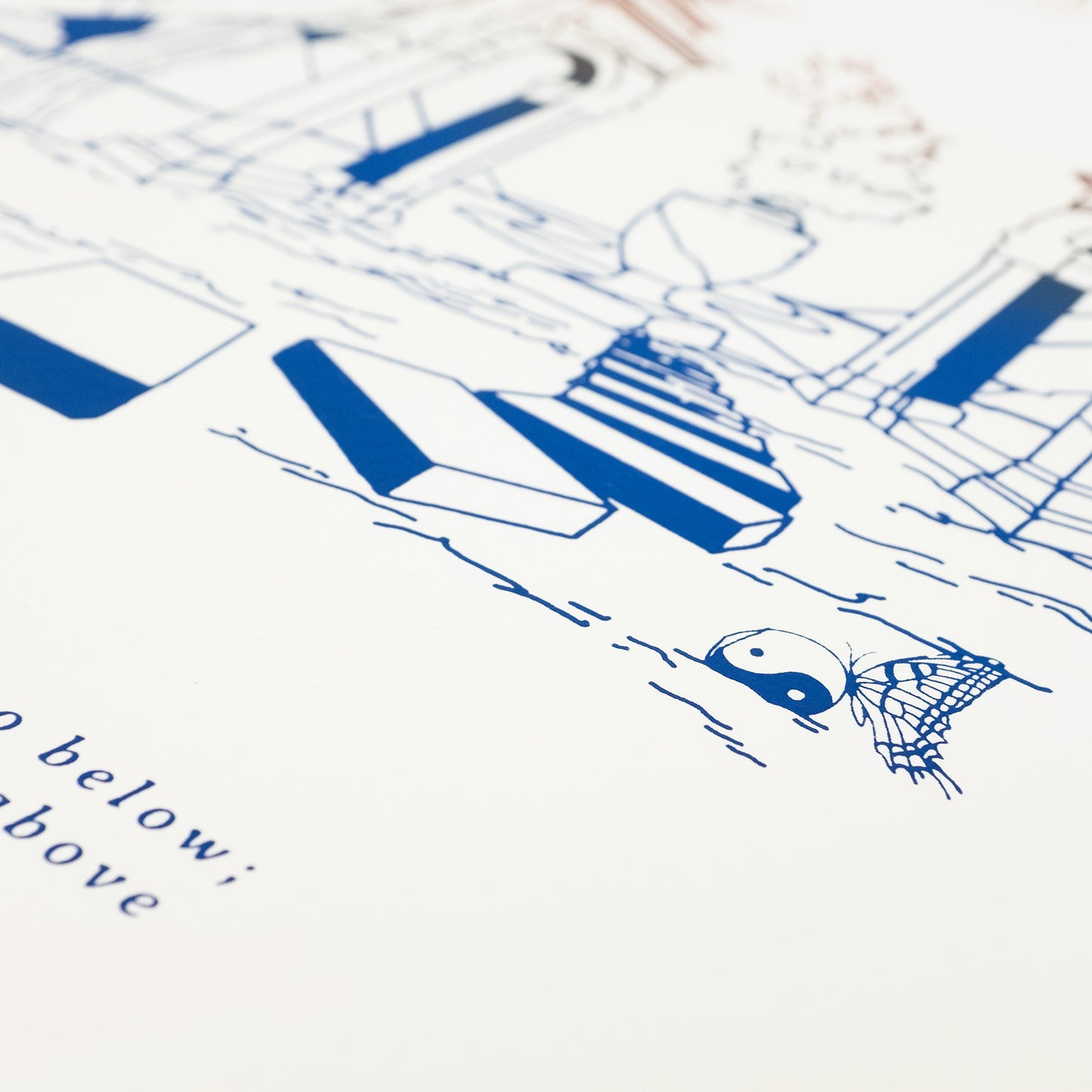 Limited edition screen print featuring women, pyramids, water, angels, and symbols in brown and blue gradient detail of high quality paper