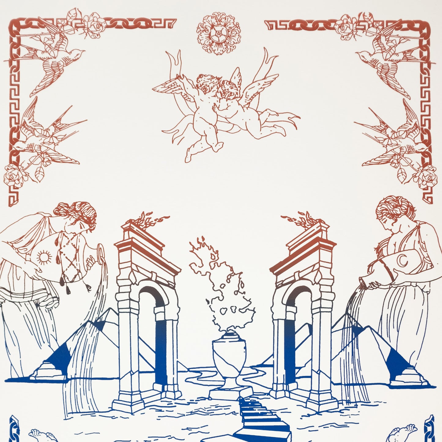 Limited edition screen print featuring women, pyramids, water, angels, and symbols in brown and blue gradient detail pf angels
