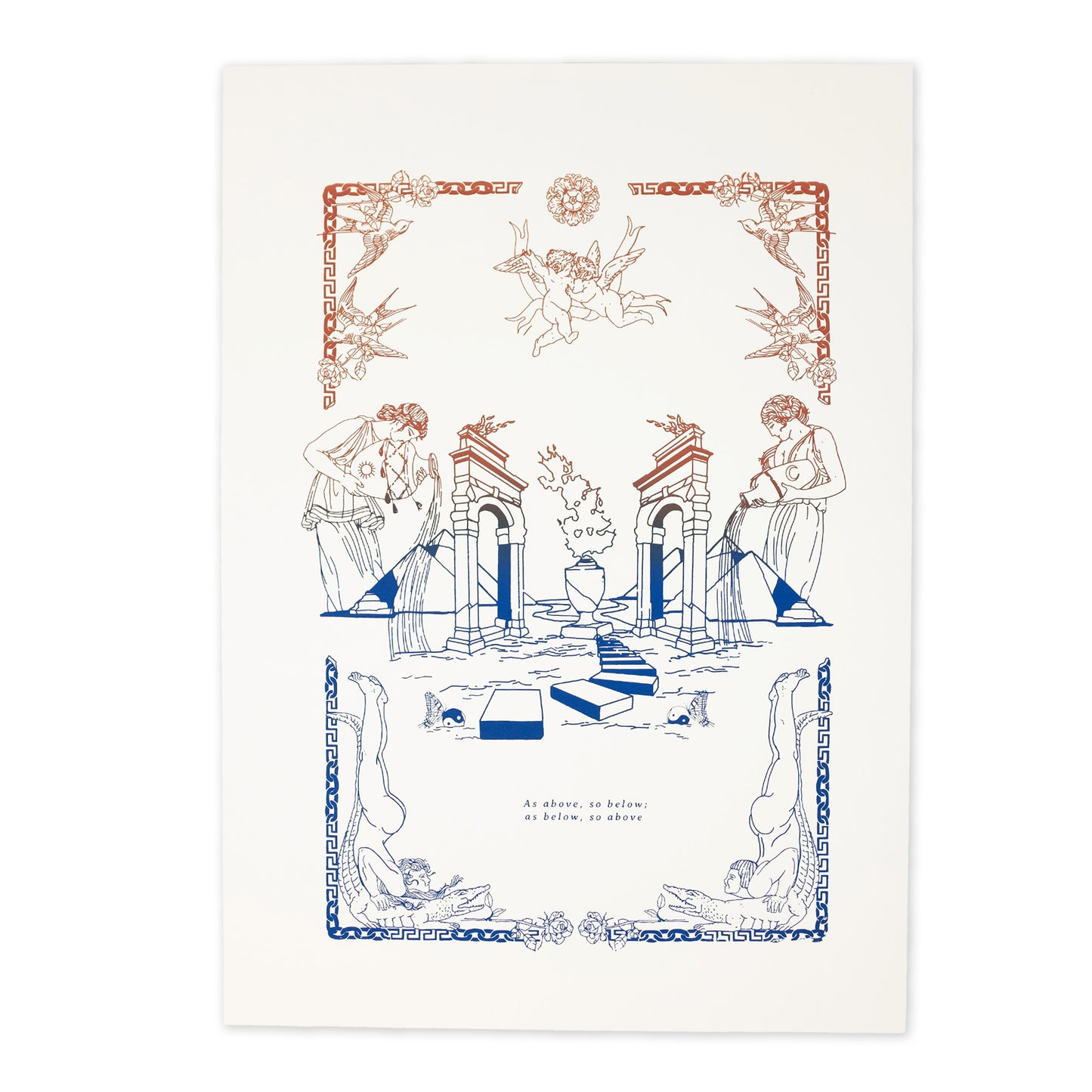 Limited edition screen print featuring women, pyramids, water, angels, and symbols in brown and blue gradient no background