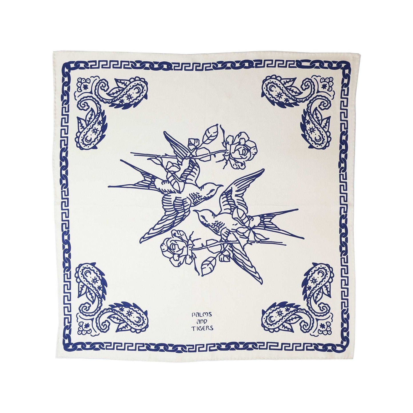 ilk foulard double-sided print, dark blue on champagne, birds, roses, Greek frame, hand-rolled hem, size 50*50 cm