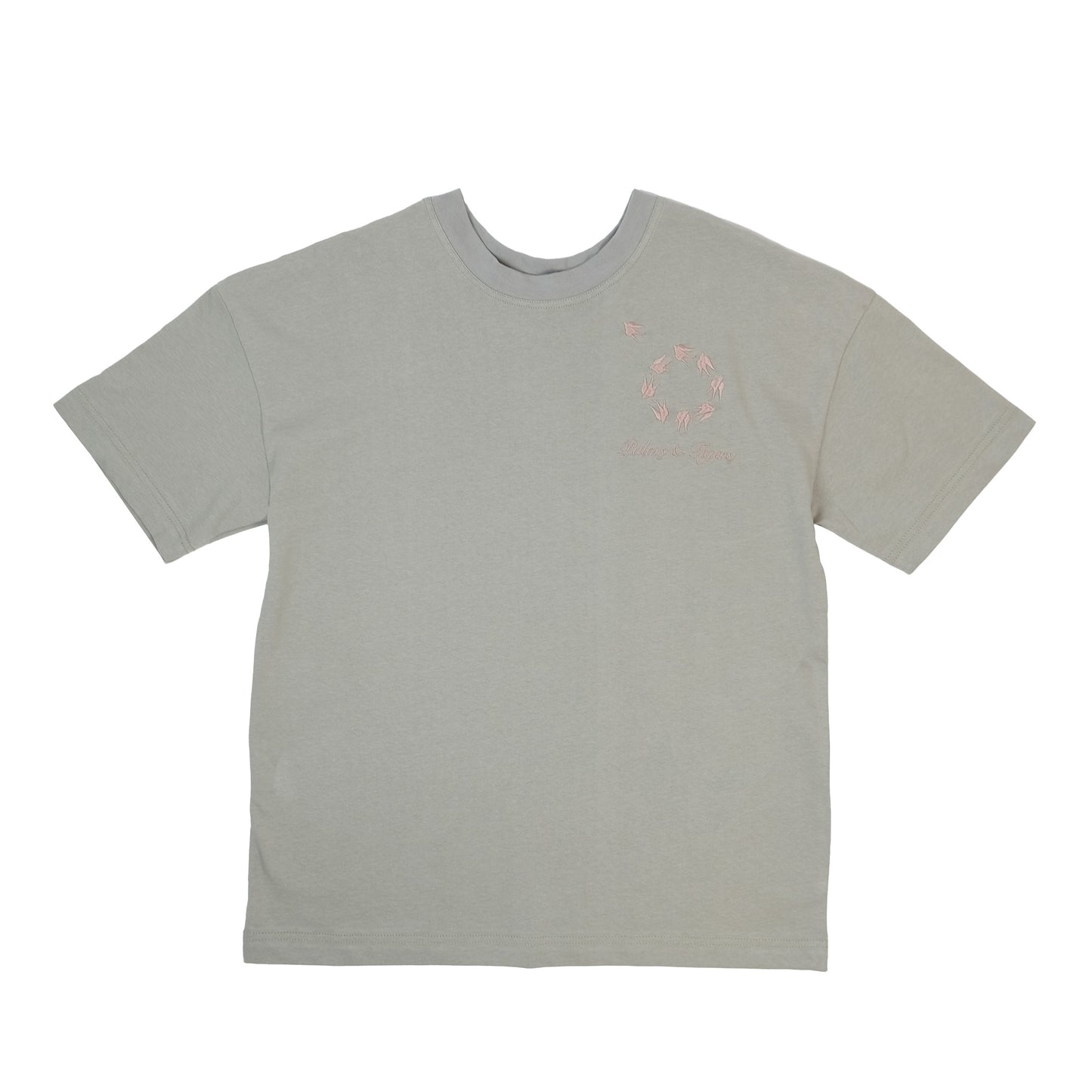 Light grey straight-cut T-shirt with pink embroidered birds flying in a circle