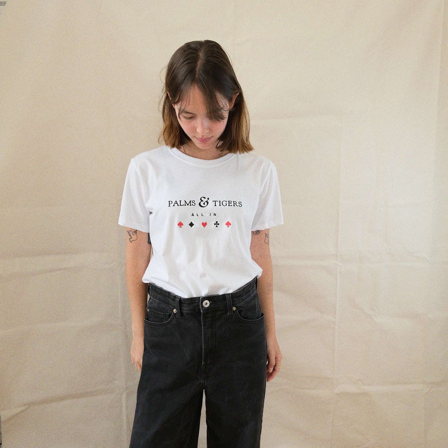 White T-shirt 100% cotton, straight cut, black and red embroidery, sizes S and L