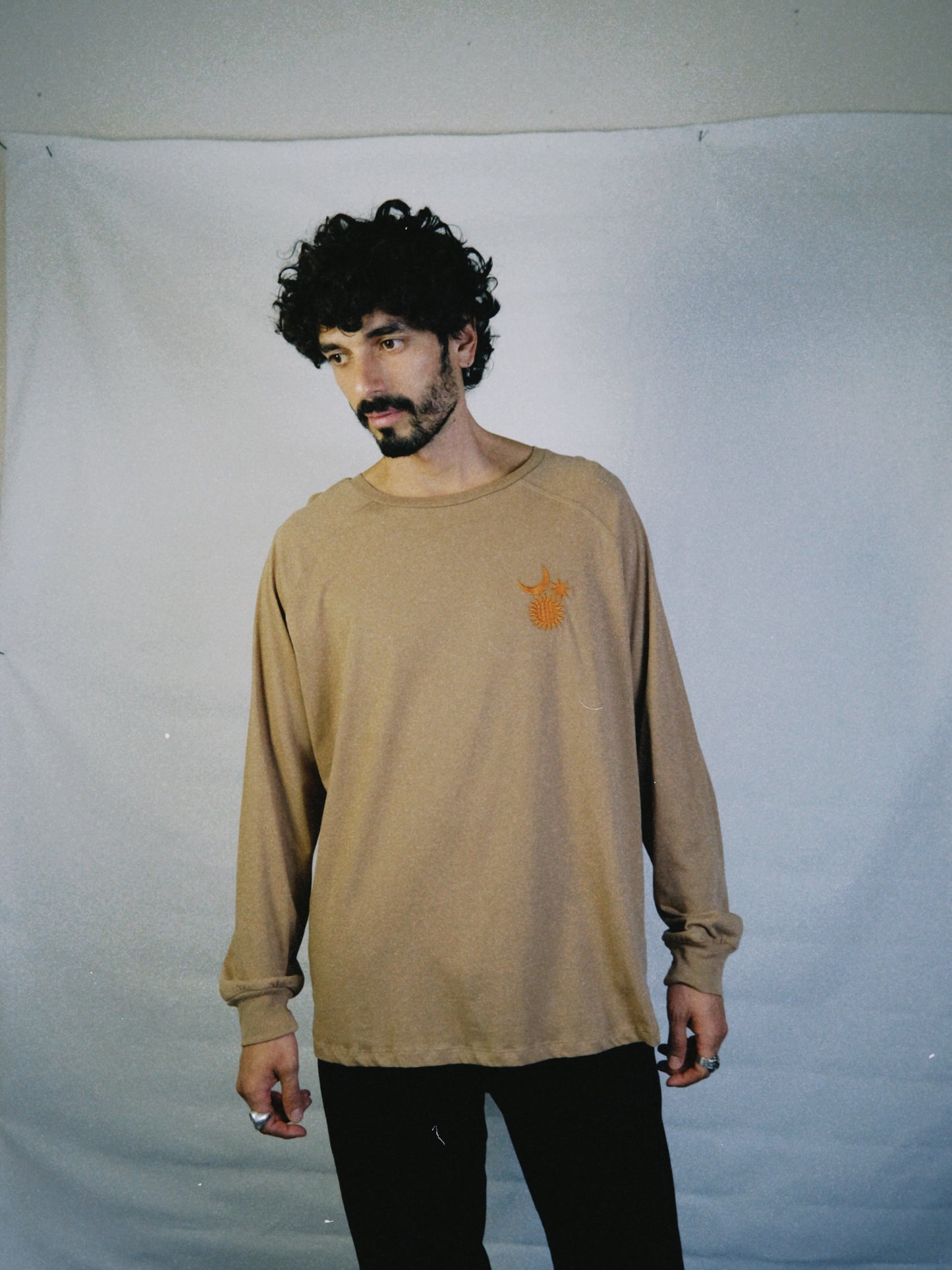 "Cosmos": Unisex Embroidered Long Sleeve Shirt in Light Brown