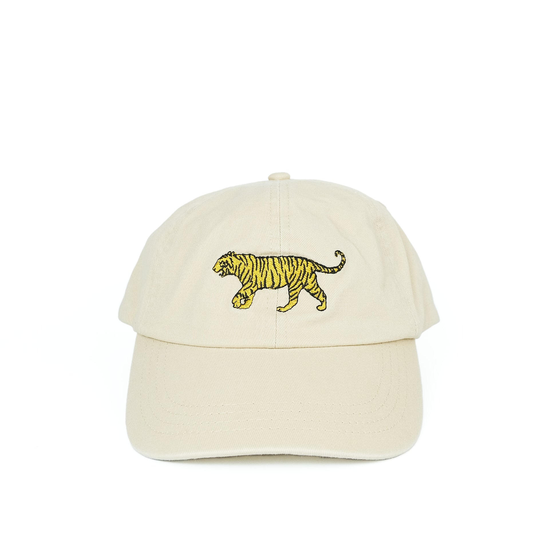 Beige cap with embroidered tiger, adjustable cotton hat".