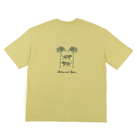 Yellow-green straight-cut T-shirt with embroidered tigers and palm trees, 'Palms and Tigers'