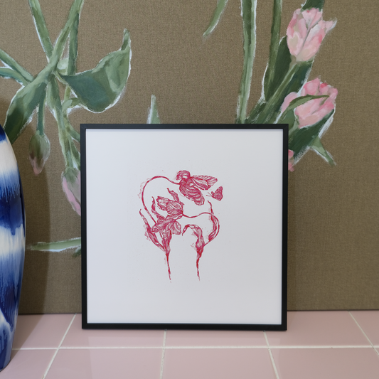 Tulips And Butterfly in Red | 30*30 | Framed Print