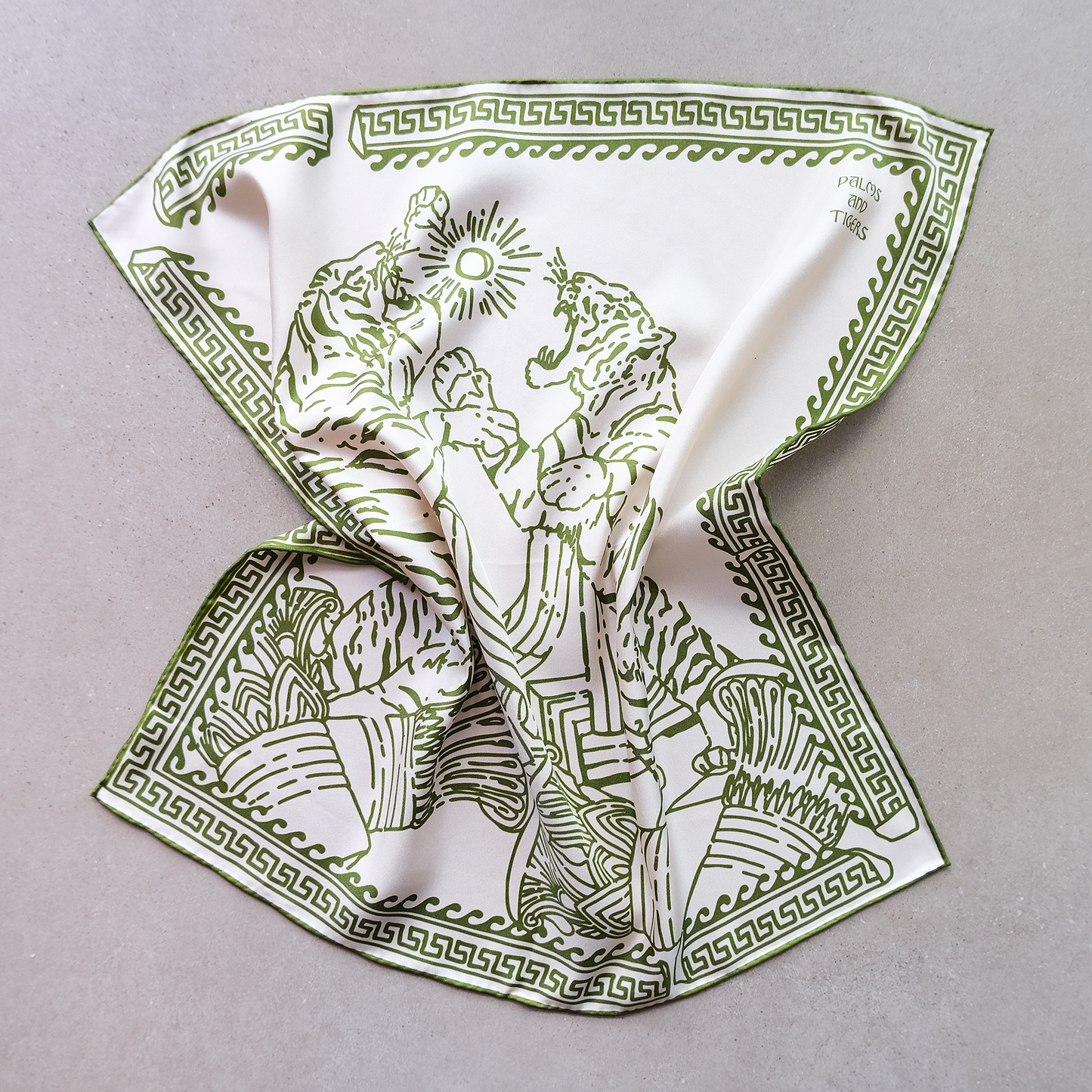 New! Tigers Silk Foulard | Double-Sided Print | Olive Green on Champagne