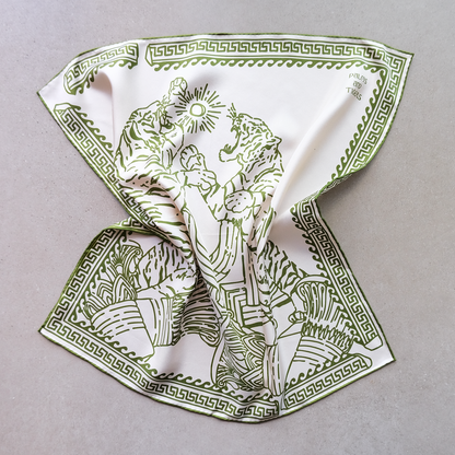 New! Tigers Silk Foulard | Double-Sided Print | Olive Green on Champagne