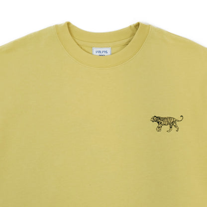 Yellow-green straight-cut T-shirt with embroidered tigers and palm trees, 'Palms and Tigers'