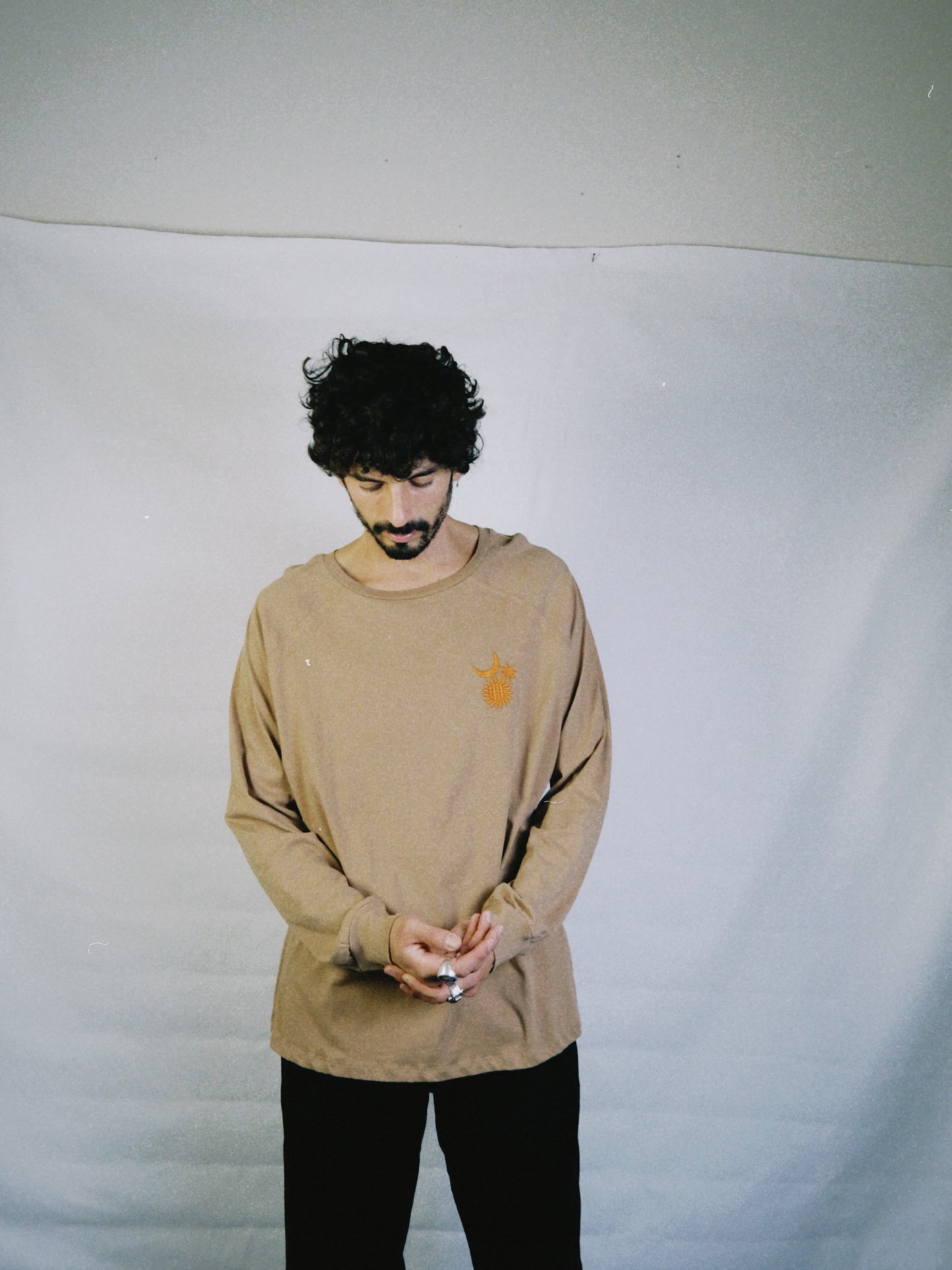 "Cosmos": Unisex Embroidered Long Sleeve Shirt in Light Brown