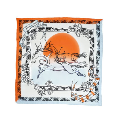 silk scarf printed with horses and greek elements, orange and light lye silk scarf