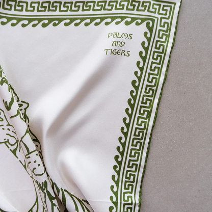 New! Tigers Silk Foulard | Double-Sided Print | Olive Green on Champagne