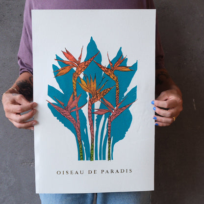 Limited edition screen print of Bird of Paradise flower in rich colors like green, red, yellow, with gold accents, 55x35 cm