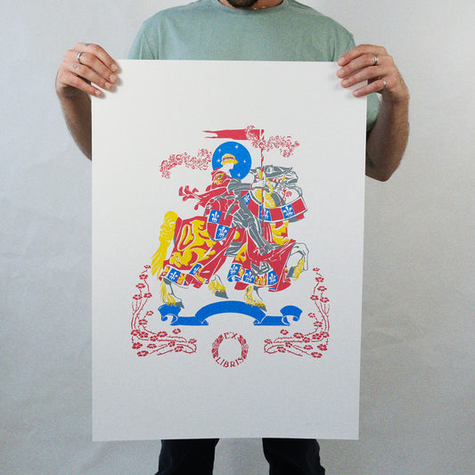 Limited edition screen print of Arthurian knight in red, yellow, blue, and grey with Ex Libris lettering, 50x70 cm