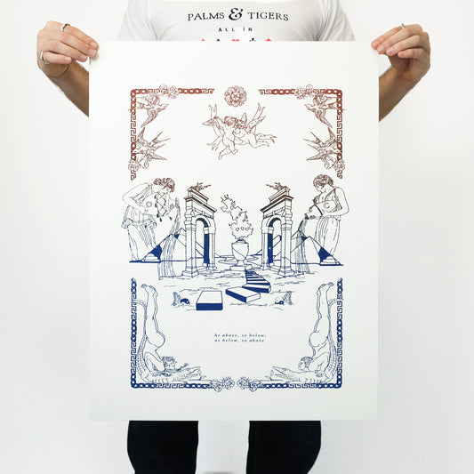 Limited edition screen print featuring women, pyramids, water, angels, and symbols in brown and blue gradient