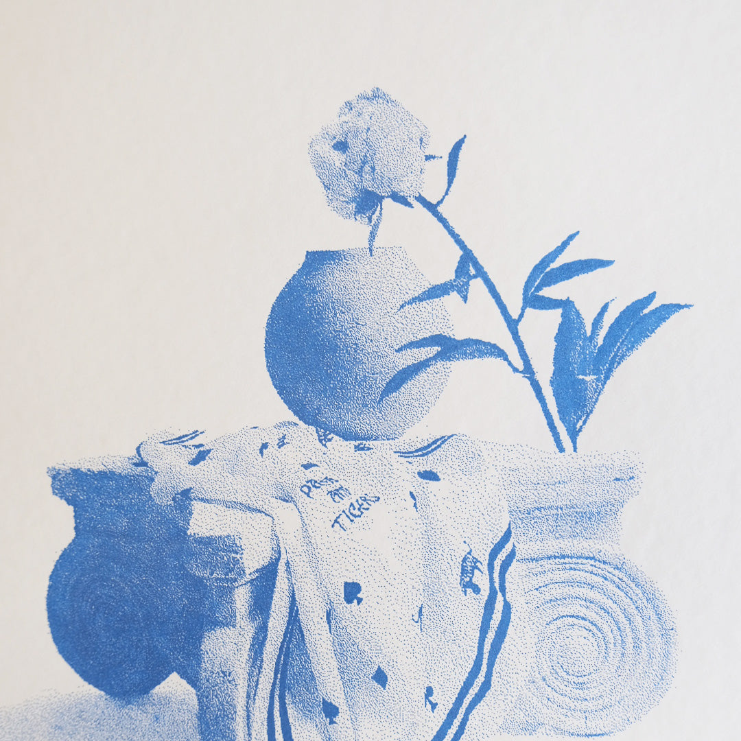 detail of Shop our limited edition 50x70 cm screen print featuring a Greek pillar, silk, vase, and peony flower in blue ink. Inspired by 19th-century photographs, perfect for unique home decor