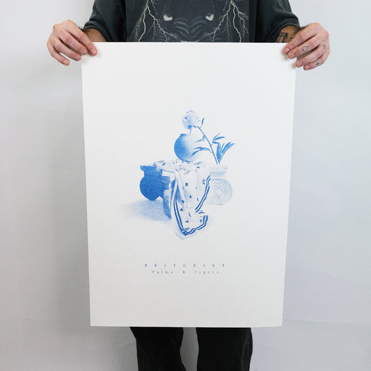 Shop our limited edition 50x70 cm screen print featuring a Greek pillar, silk, vase, and peony flower in blue ink. Inspired by 19th-century photographs, perfect for unique home decor