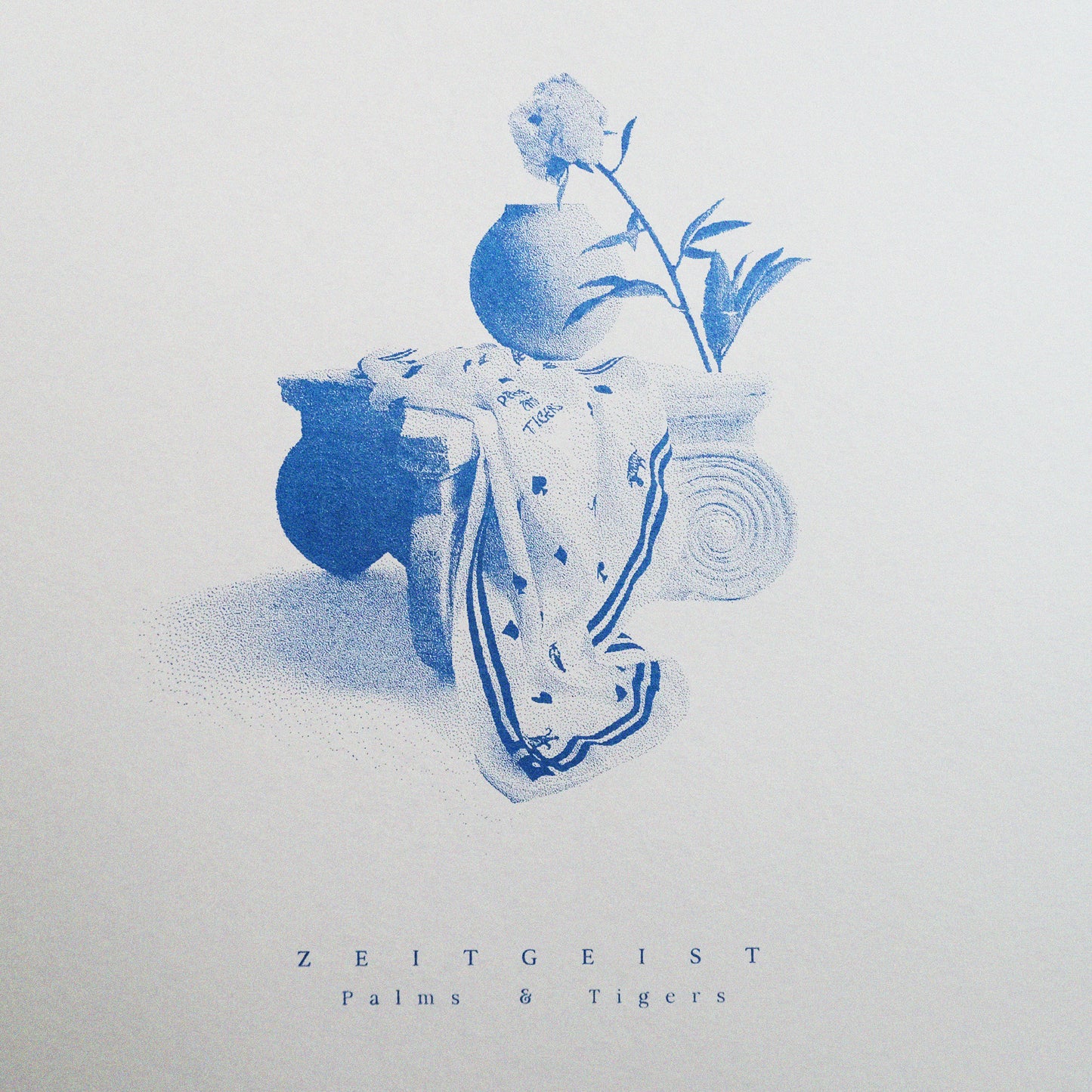 detail of Shop our limited edition 50x70 cm screen print featuring a Greek pillar, silk, vase, and peony flower in blue ink. Inspired by 19th-century photographs, perfect for unique home decor