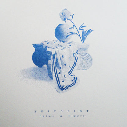 detail of Shop our limited edition 50x70 cm screen print featuring a Greek pillar, silk, vase, and peony flower in blue ink. Inspired by 19th-century photographs, perfect for unique home decor