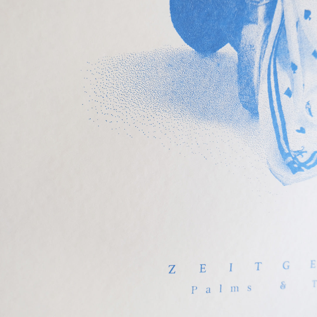 detail of Shop our limited edition 50x70 cm screen print featuring a Greek pillar, silk, vase, and peony flower in blue ink. Inspired by 19th-century photographs, perfect for unique home decor