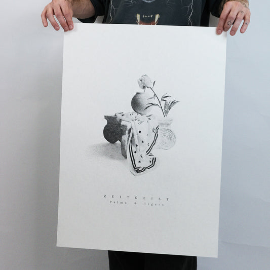 Shop our limited edition 50x70 cm screen print featuring a Greek pillar, silk, vase, and peony flower in black ink. Inspired by 19th-century photographs, perfect for unique home decor.