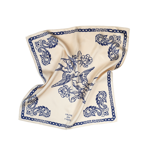 Back in stock!Love Birds Silk Foulard | Double-Sided Print | Dark Blue on Champagne