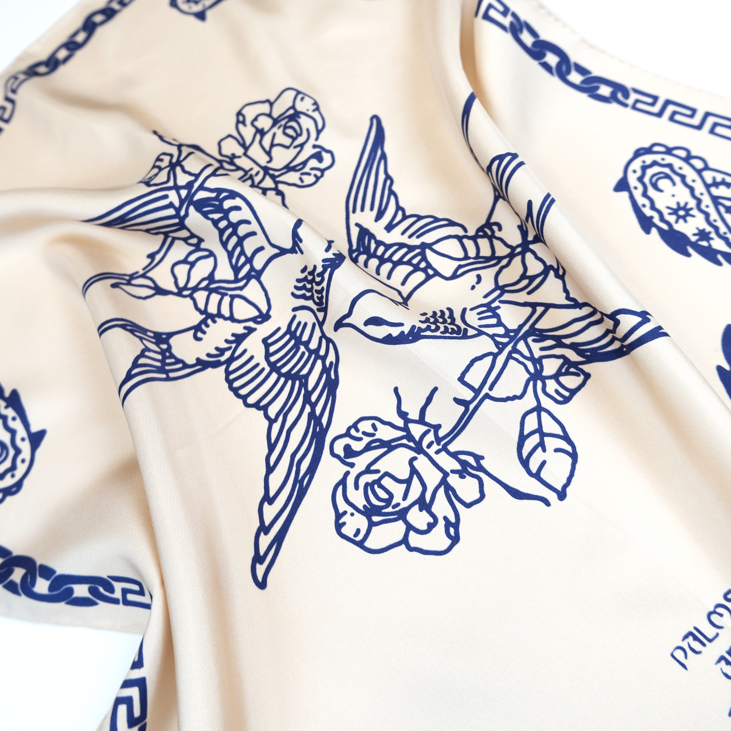 Back in stock!Love Birds Silk Foulard | Double-Sided Print | Dark Blue on Champagne