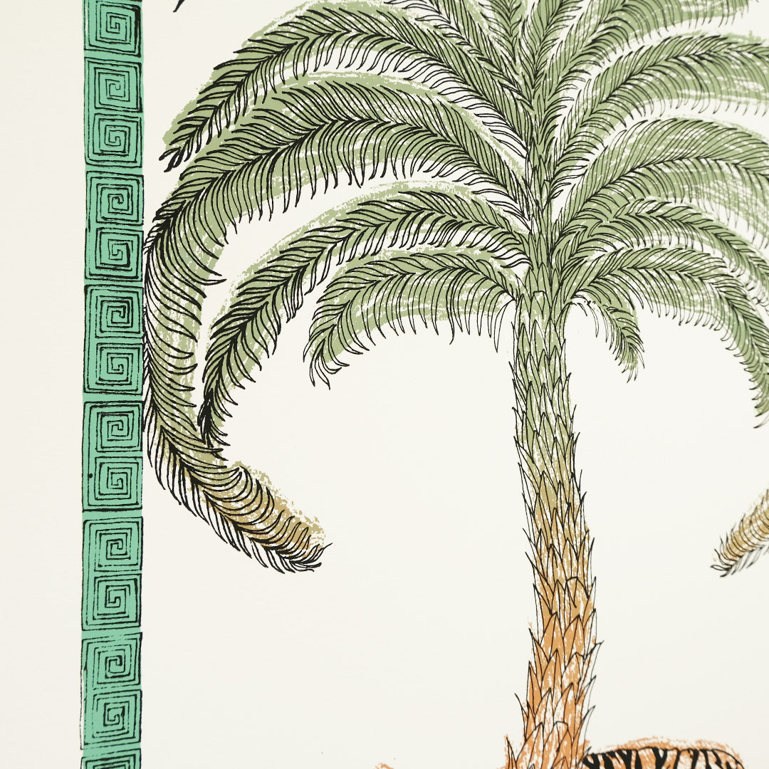 Limited edition screen print featuring tiger and palm tree with Greek frame in green, black, and brown colors- detail