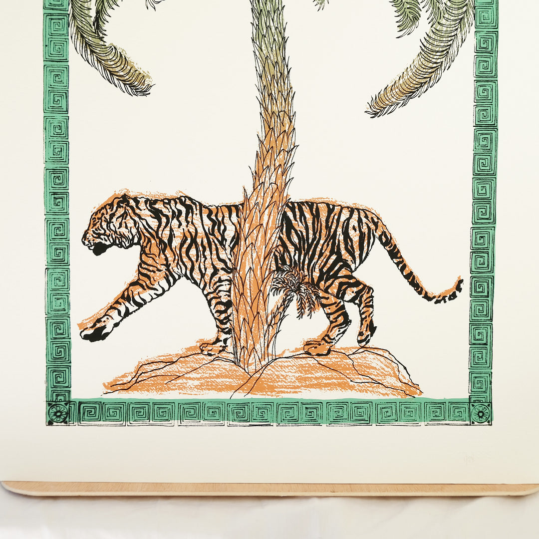 Limited edition screen print featuring tiger and palm tree with Greek frame in green, black, and brown colors tiger detail