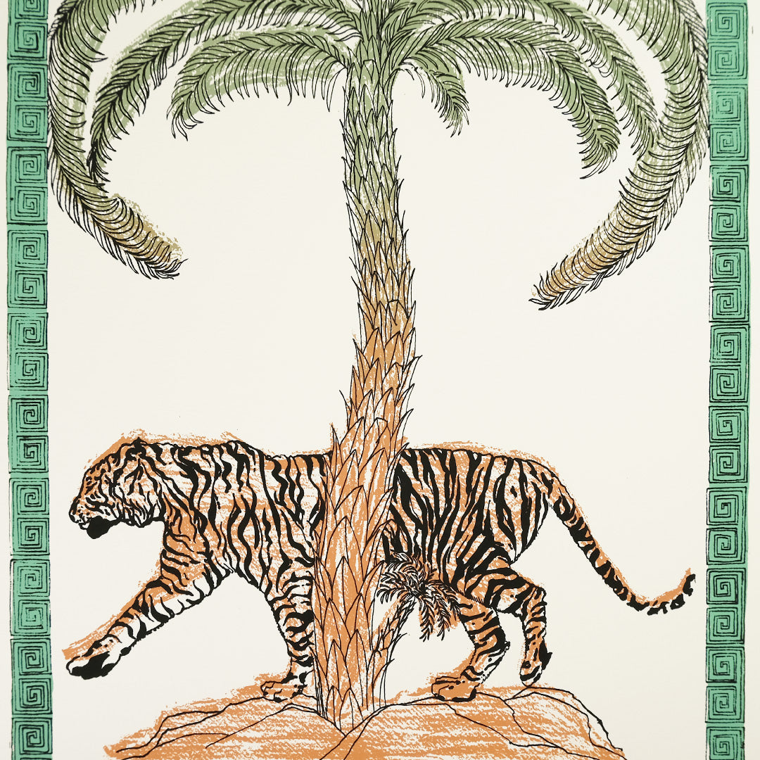 Limited edition screen print featuring tiger and palm tree with Greek frame in green, black, and brown colors- tiger pacing