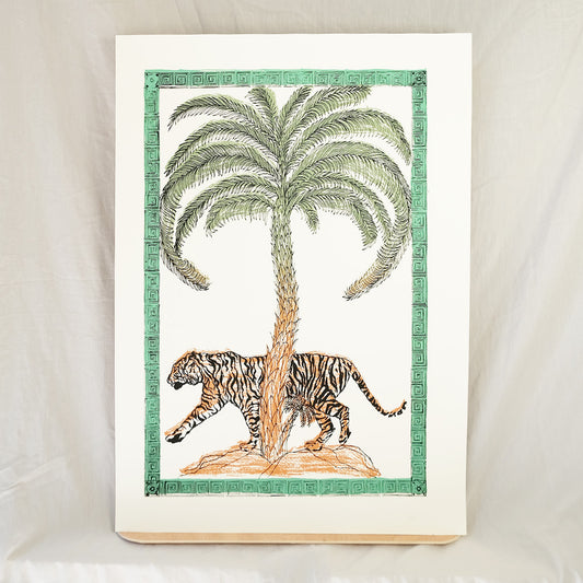 Limited edition screen print featuring tiger and palm tree with Greek frame in green, black, and brown colors-overlook