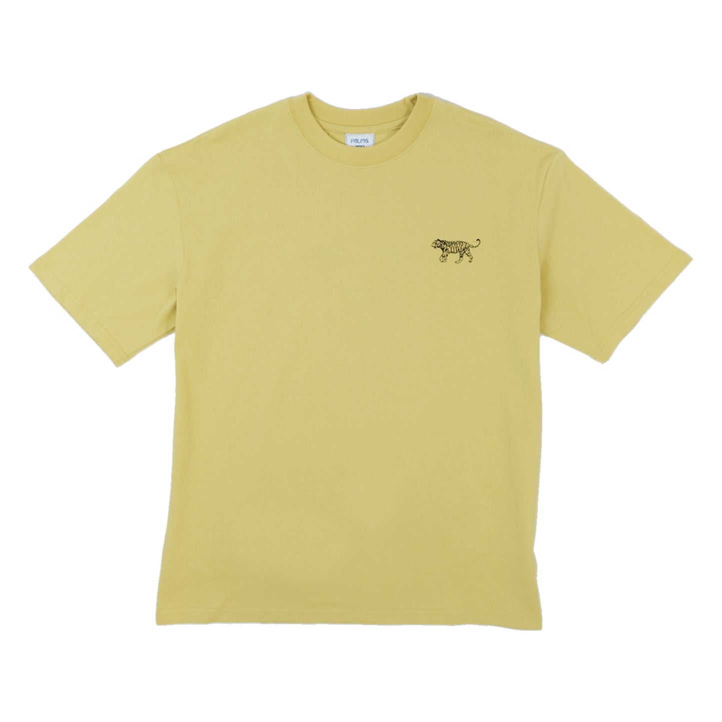 Yellow-green straight-cut T-shirt with embroidered tigers and palm trees, 'Palms and Tigers'