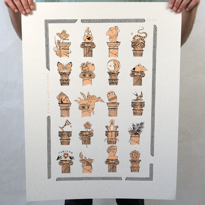 Limited edition screen print of Greek pillars collection in black and orange, 50x70 cm