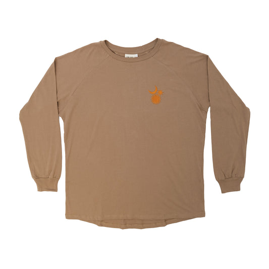 "Cosmos": Unisex Embroidered Long Sleeve Shirt in Light Brown