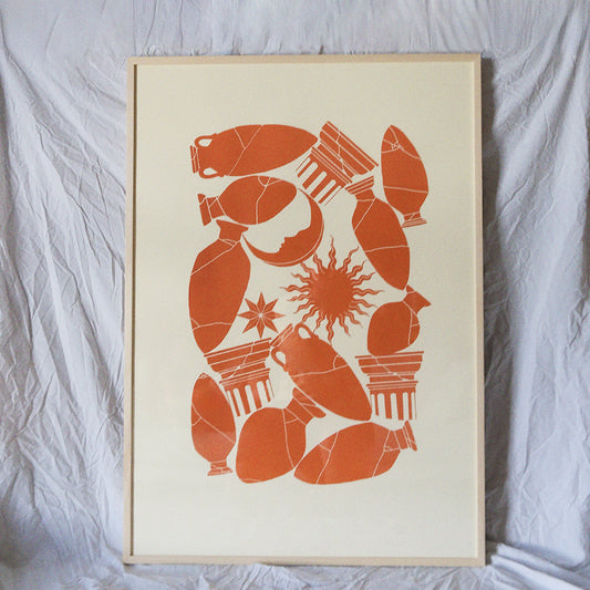 terracotta screen print poster of vases, sun moon and star framed with wood