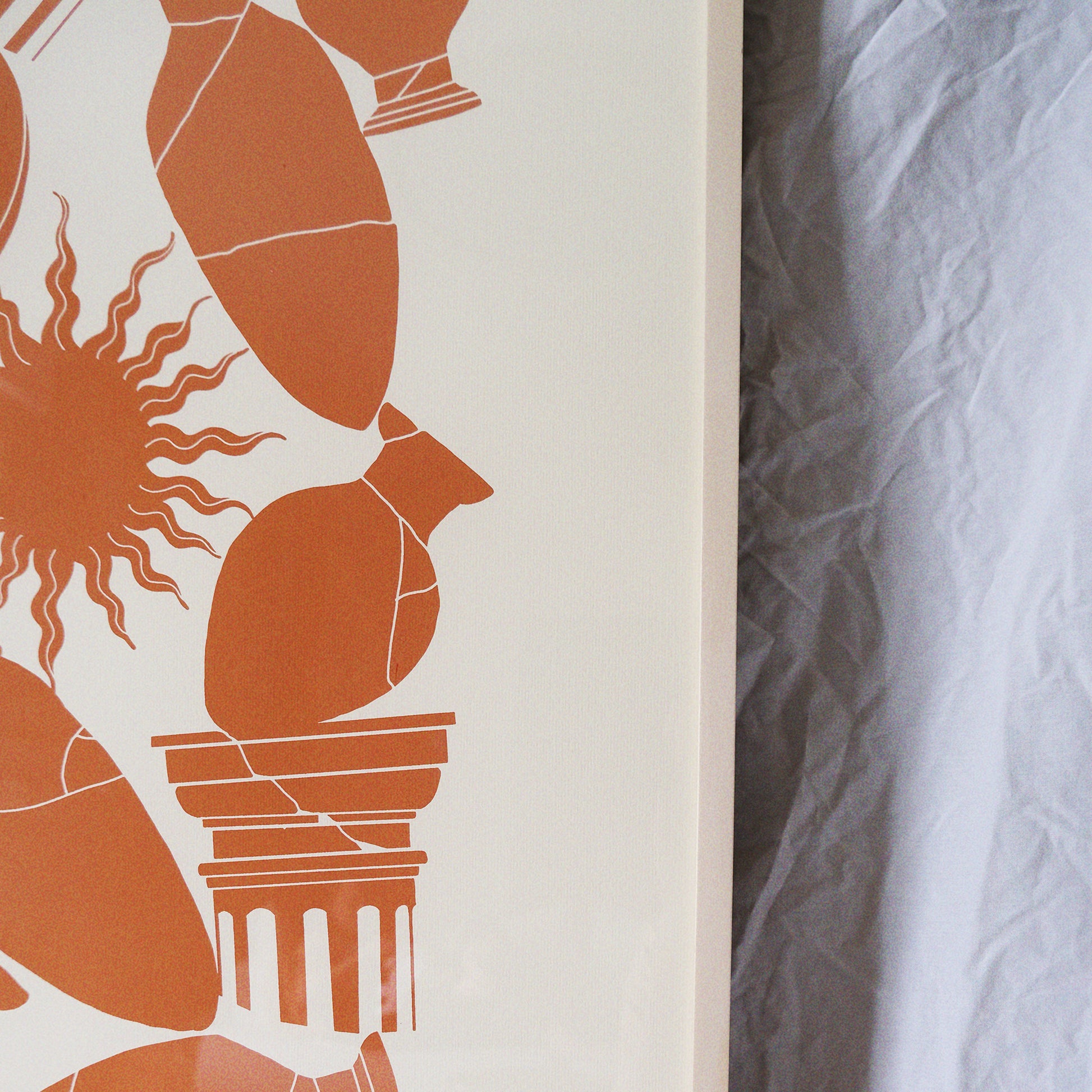 terracotta screen print poster of vases, sun moon and star framed with wood- detail