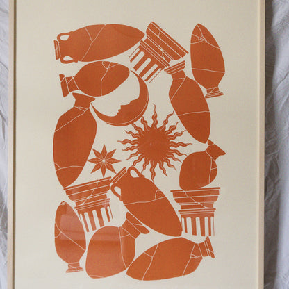 terracotta screen print poster of vases, sun moon and star framed with wood- zoom in