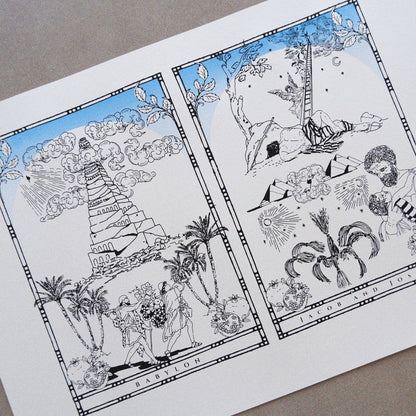 Detailed two-part screen print of Babylon and biblical scenes in light blue and black on heavy paper