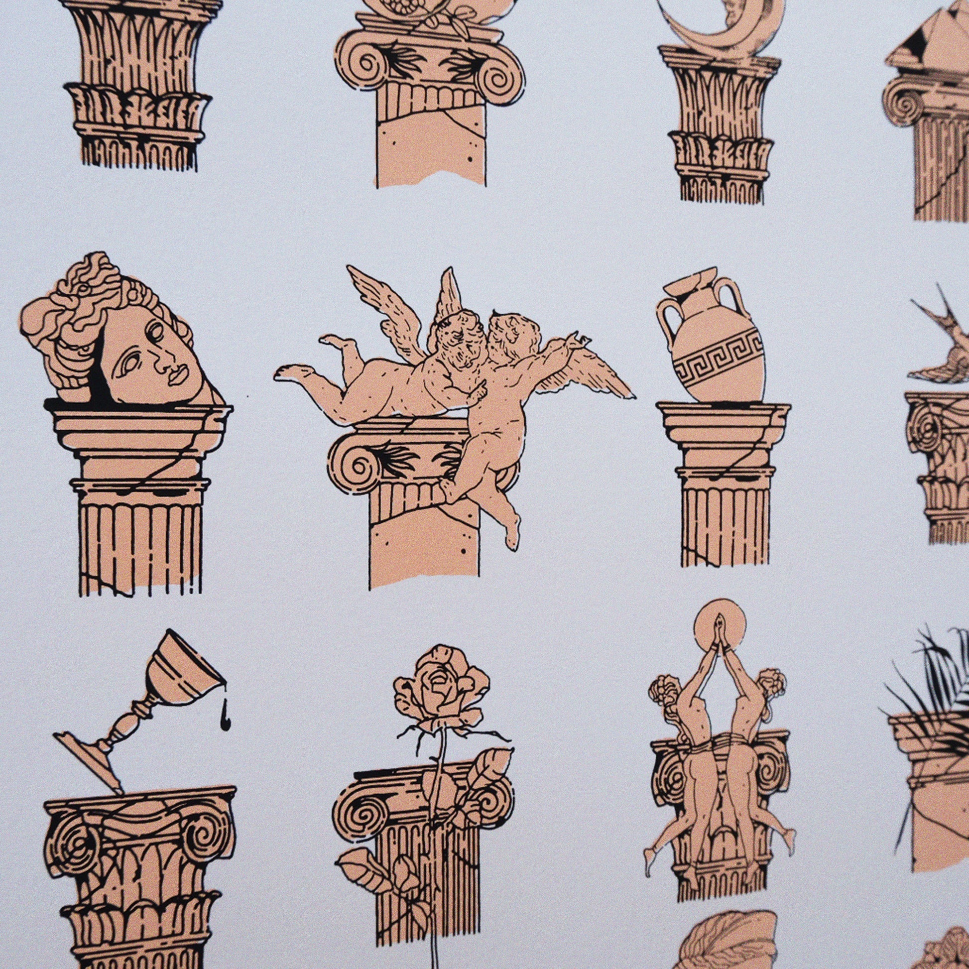 Limited edition screen print of Greek pillars collection in black and orange, 50x70 cm