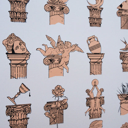 Limited edition screen print of Greek pillars collection in black and orange, 50x70 cm