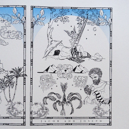 Detailed two-part screen print of Babylon and biblical scenes in light blue and black on heavy paper