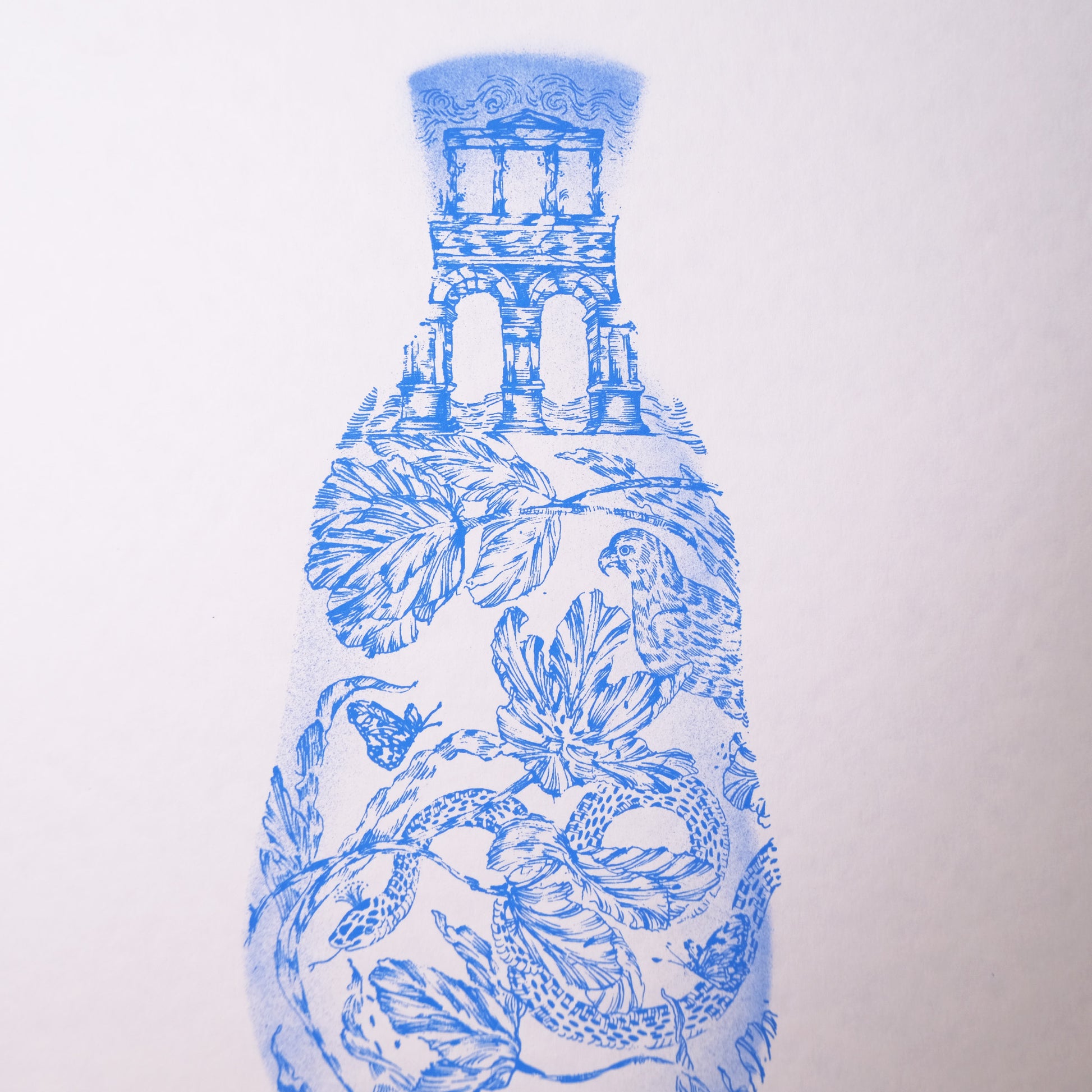 Delicate screen print of botanical vase with flowers, butterflies, snakes, and parrots in light blue on light paper