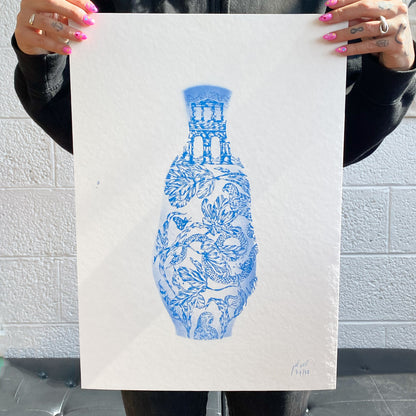 Delicate screen print of botanical vase with flowers, butterflies, snakes, and parrots in light blue on light paper