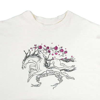 Unisex oversized shirt, 100% cotton, drop shoulder cut, creme color, galloping horses print in black and pink