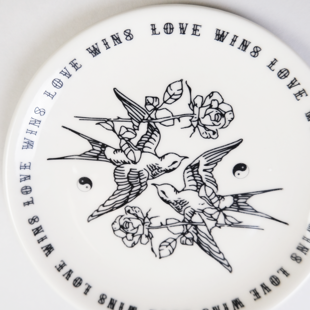 Love Wins Porcelain Plate - Birds and Roses in Black