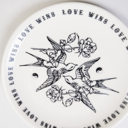 Love Wins Porcelain Plate - Birds and Roses in Black
