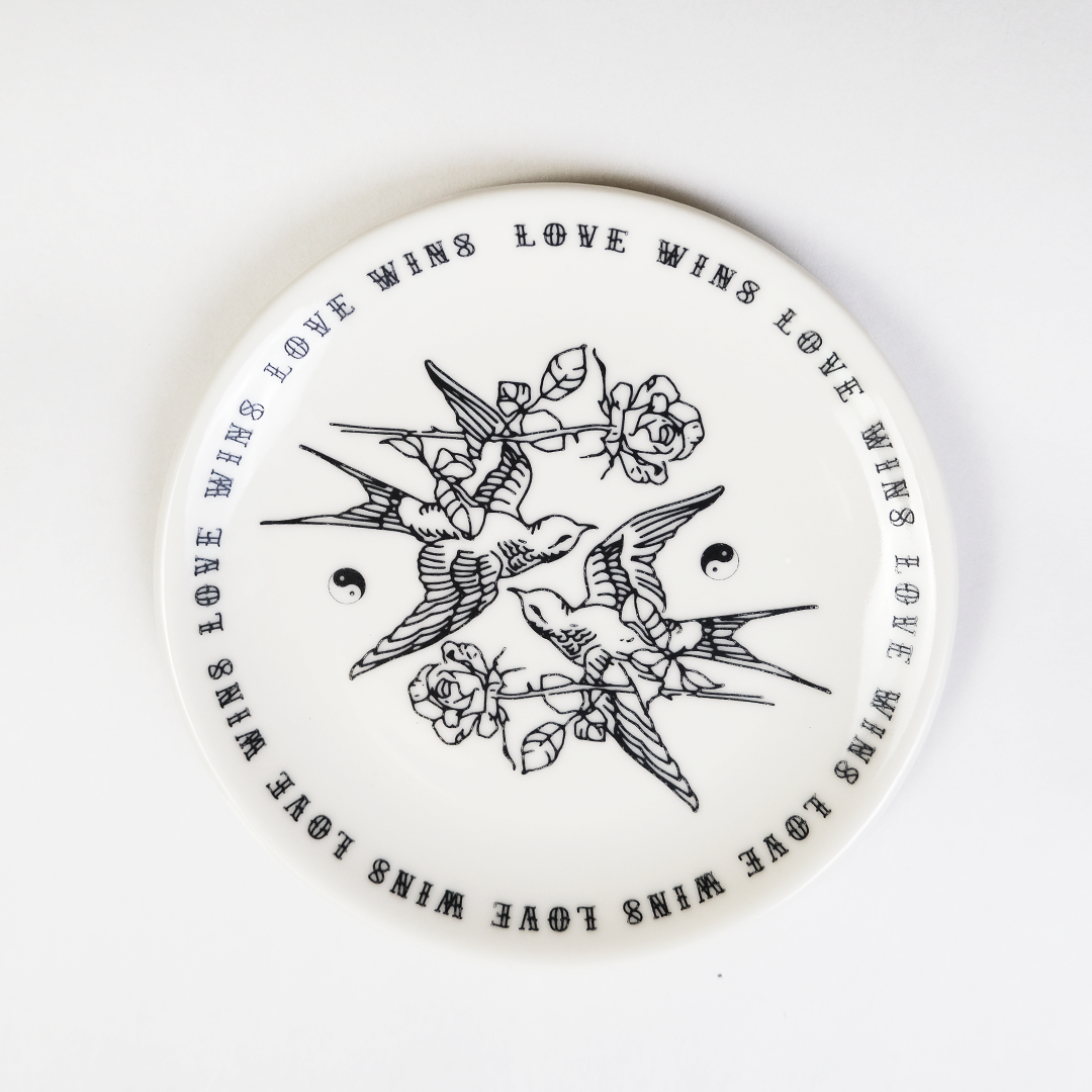 Love Wins Porcelain Plate - Birds and Roses in Black