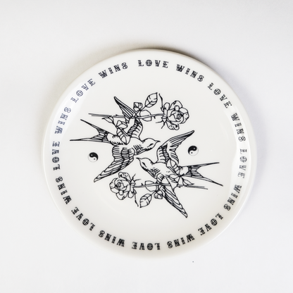Love Wins Porcelain Plate - Birds and Roses in Black